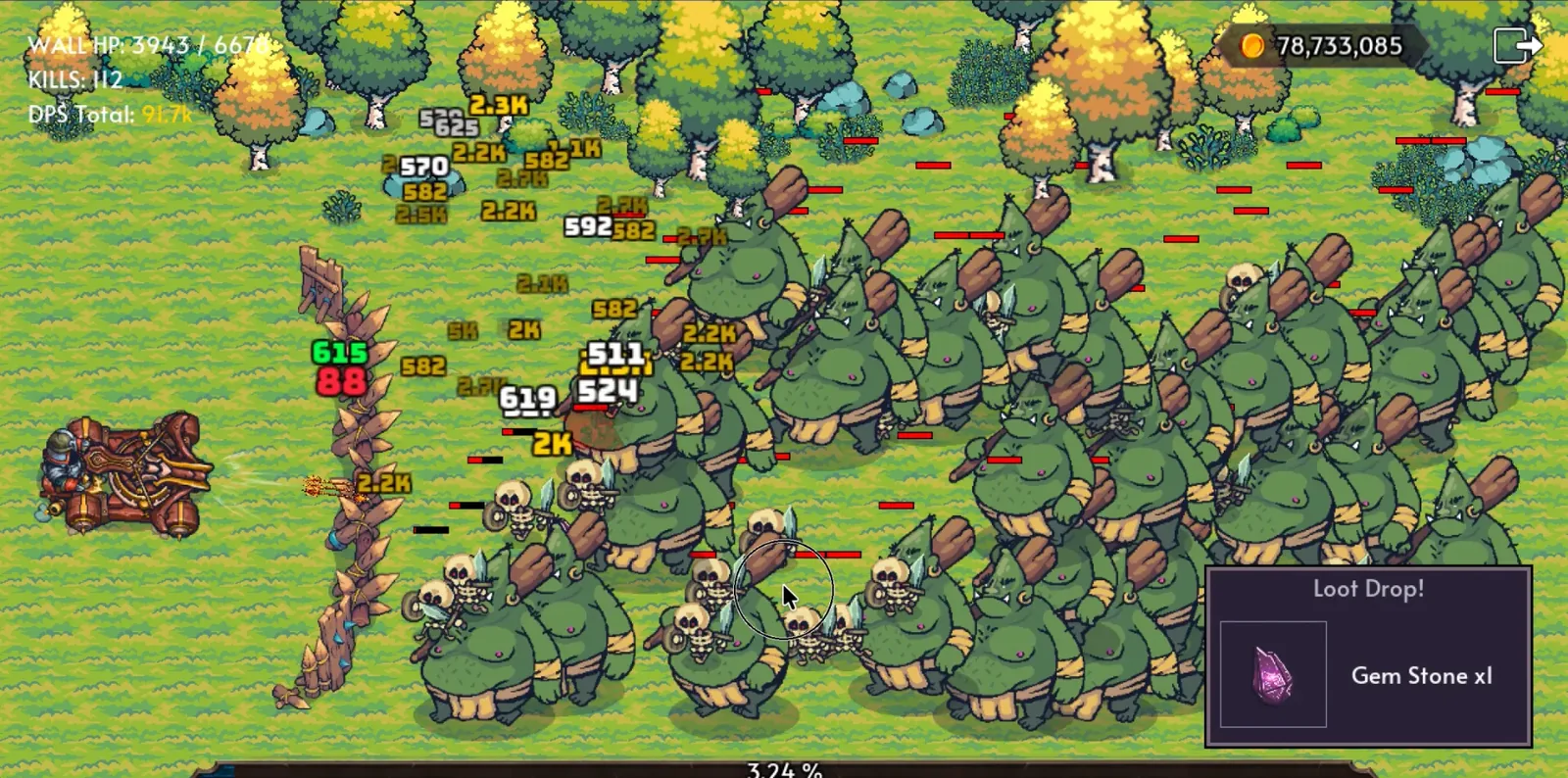 Eternal Bastion gameplay: a crossbow cart defending a wooden barricade against a wave of ogres and skeletons
