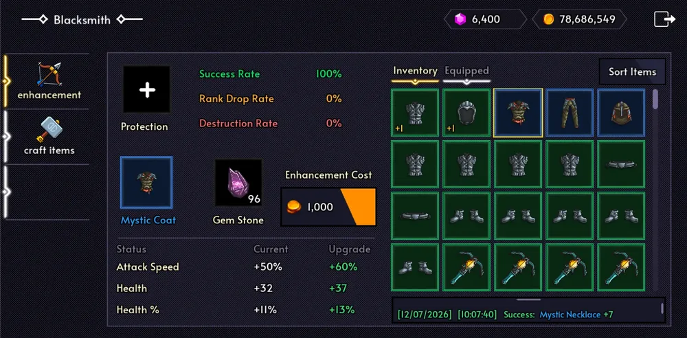 Eternal Bastion blacksmith enhancement screen showing success rate and stat upgrades