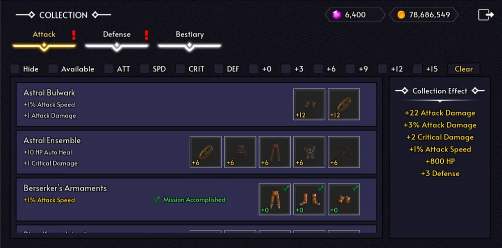 Eternal Bastion collection screen showing equipment sets and their combined bonuses