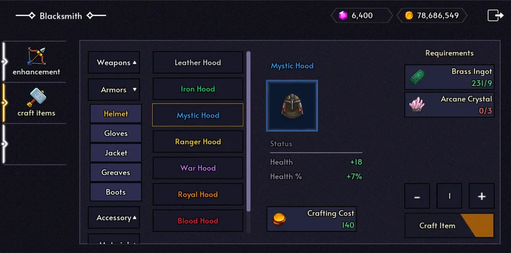 Eternal Bastion crafting screen showing recipes and material requirements