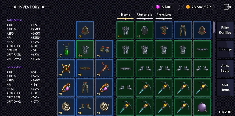Eternal Bastion inventory screen showing equipped gear and total character stats